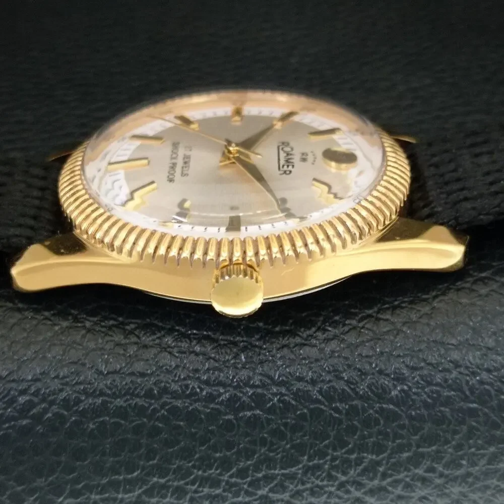 Vintage 1976 Roamer Manual Mens Gold Watch W/Nato Strap & White accents